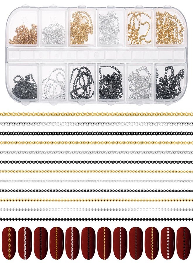 Hariendny 12 Strips Nail Chain Charms, Metal Nail Art Chains, 3D Gold Silver Dark Gray Nail Chains, Nail Jewelry Chains, Line Nail Charms, Nail Decorations with Box for Manicure Decoration DIY - Image 1